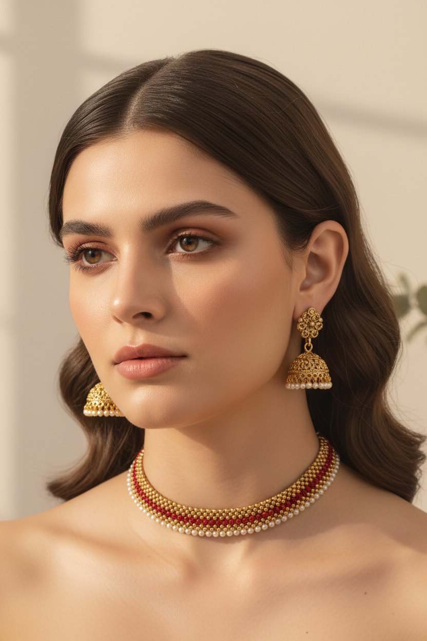 Green Red Gold-Plated Choker & Jhumka Jewelry Set  With Earrings