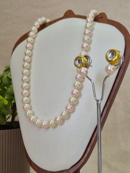 Pink And White Pearl Combination Necklace With Metal Earrings