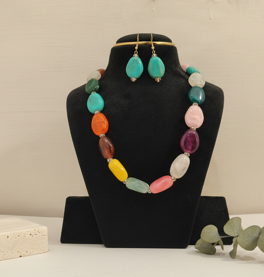 Multi colour Stone With Earrings Necklace Set