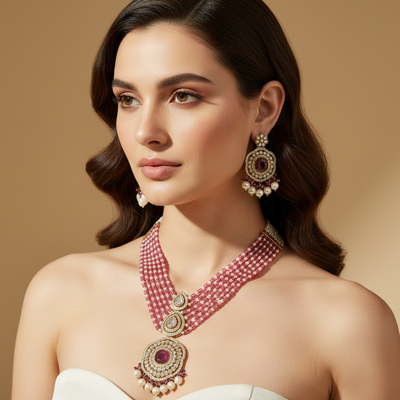 Royal White & Pink Long Necklace With Matching Earrings