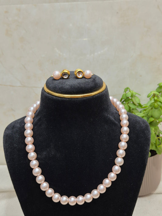 Pink Pearl Necklace With Golden Metal  Earrings