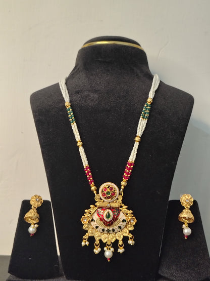 Royal Multi Colour Long Necklace With Matching Earrings