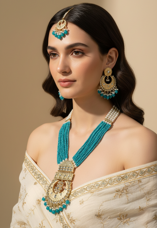 Royal Blue & Cream Long Necklace With Matching Earrings & Maang Tikka Set