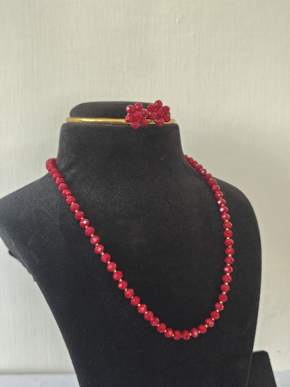 Red Diamond Cut Bead Necklace & Earring Set