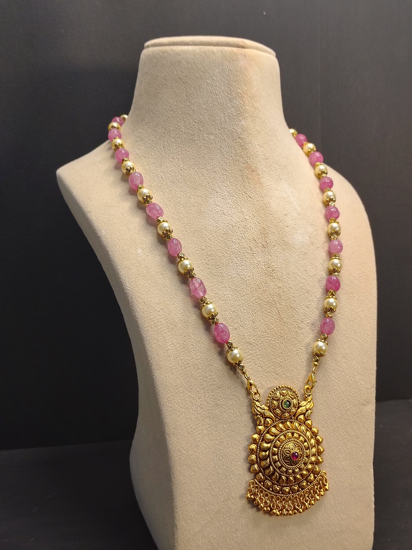 Pink & Golden Pearl Shade Long Necklace