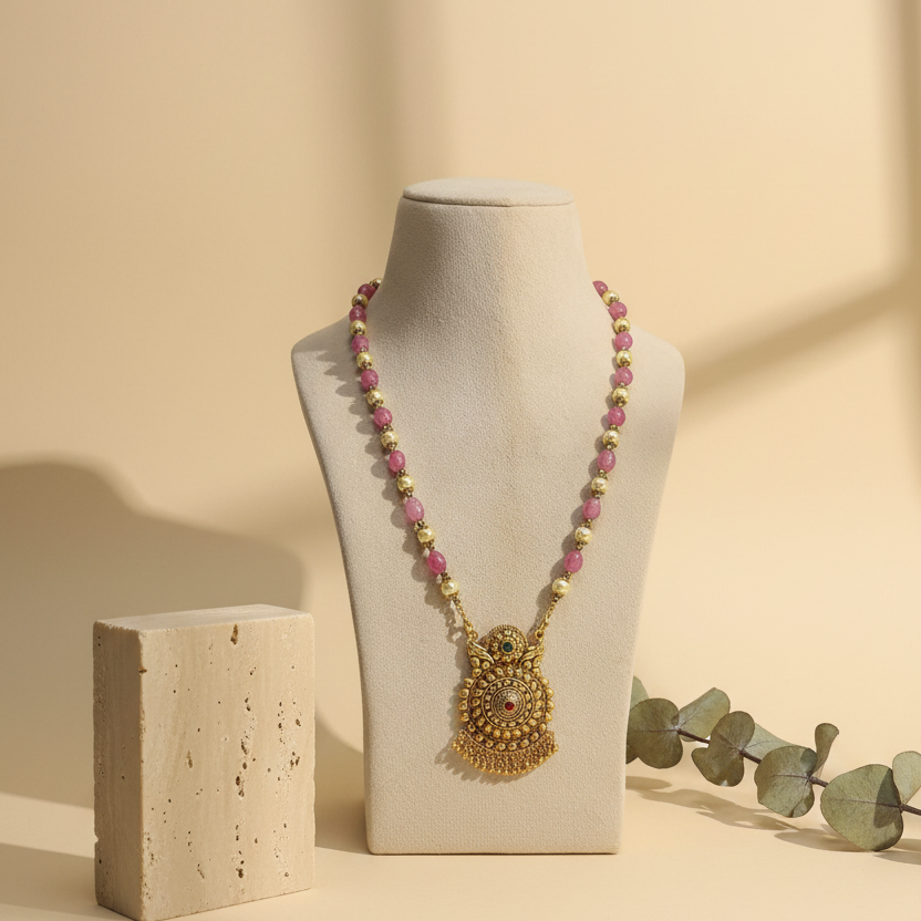 Pink & Golden Pearl Shade Long Necklace