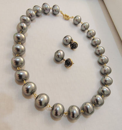 Metallic Grey Premium Heavy Pearl Necklace with Earrings