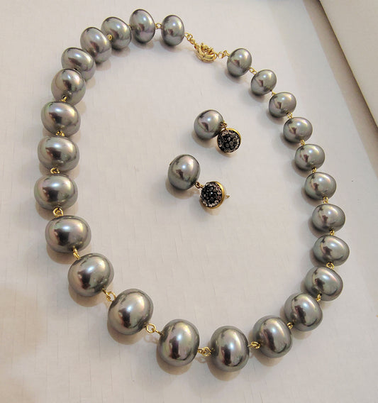 Metallic Grey Premium Heavy Pearl Necklace with Earrings