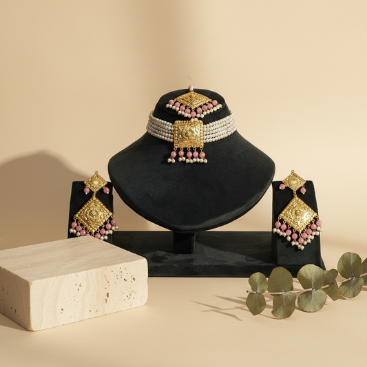 Pink & Pearl Heritage Choker Set with Maang Tikka & Matching Earrings