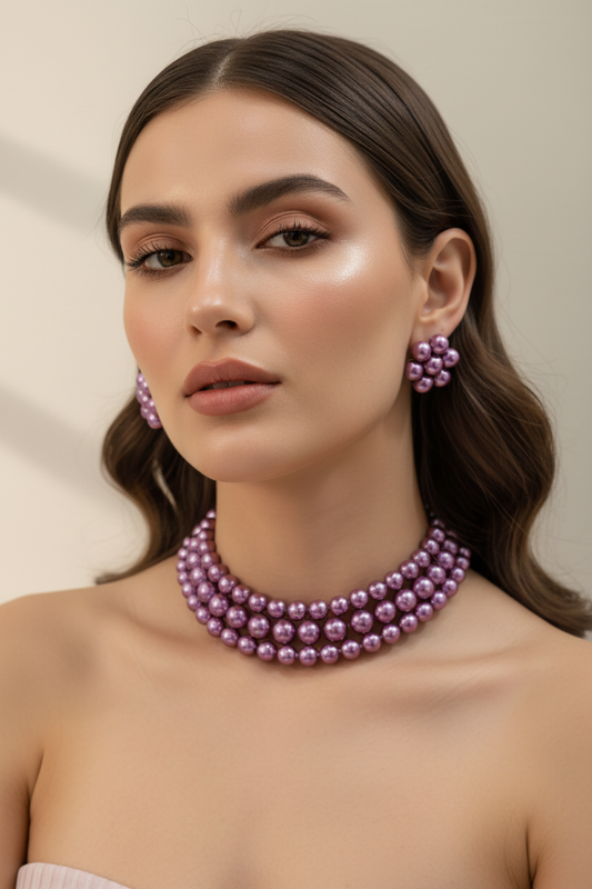 Purple Pearl 3 Layer With Earrings Choker Set