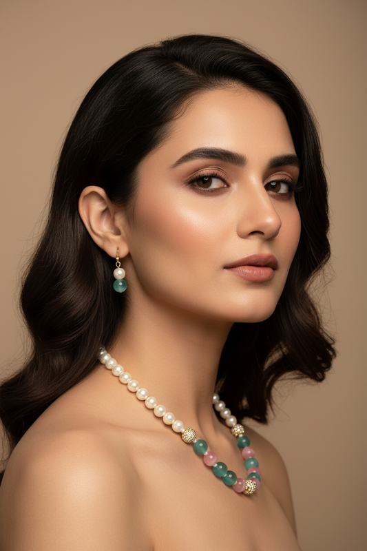Multi Colour Pearl With Matching Earrings Necklace Set