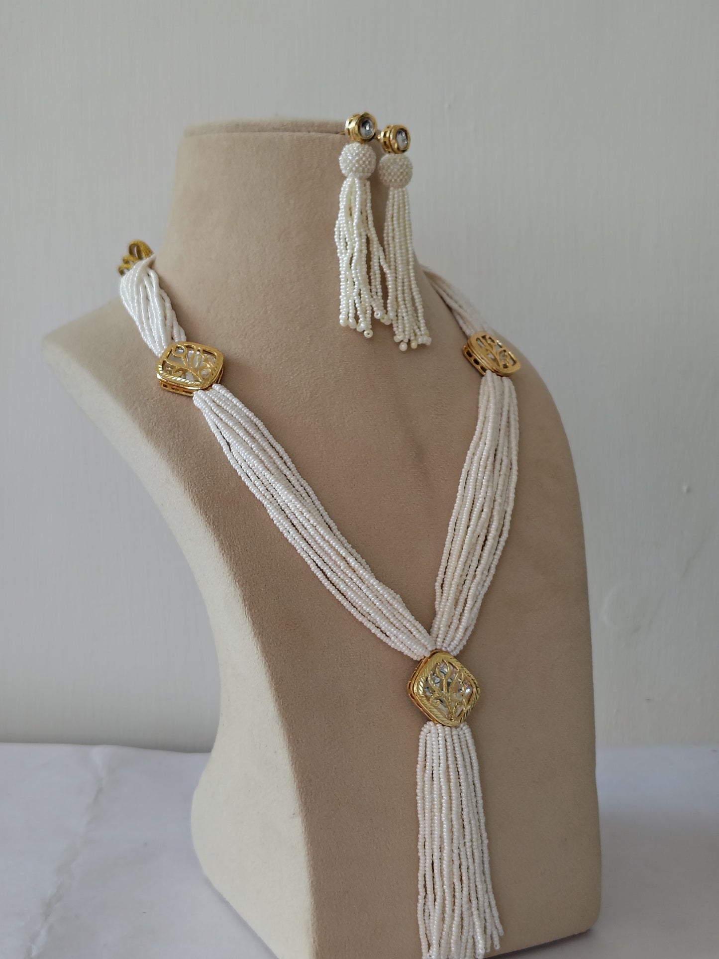Imperial White Pearl Tassel & Gold Filigree Set & Matching Earrings