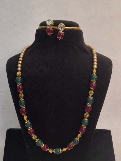 Red and Green Gemstone Beaded Mala with Gold Spacers