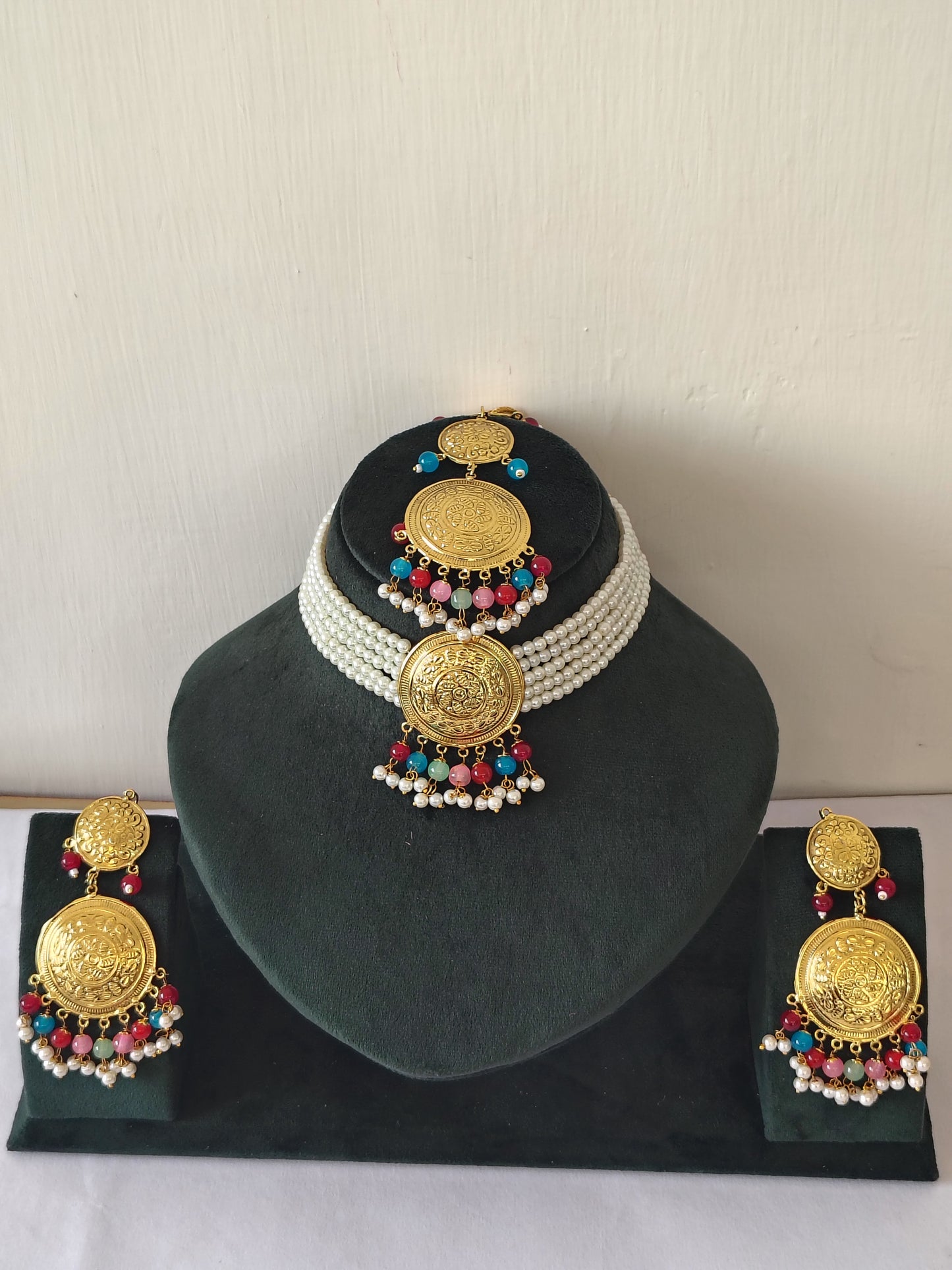 Royal Pearl Choker & Multi Strand Multi colour Jewellery Set With Maang Tikka With Earrings