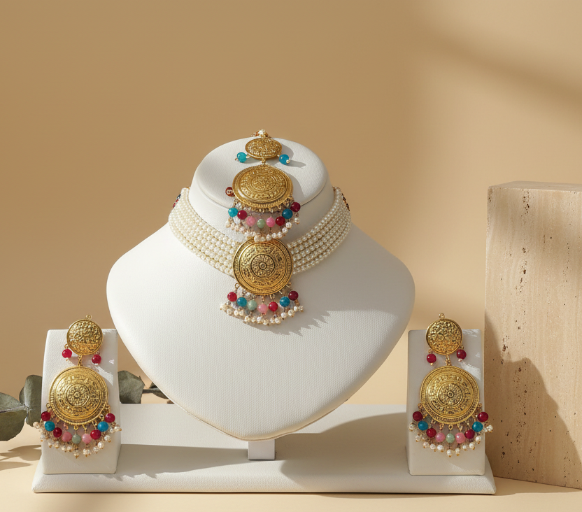 Royal Pearl Choker & Multi Strand Multi colour Jewellery Set With Maang Tikka With Earrings