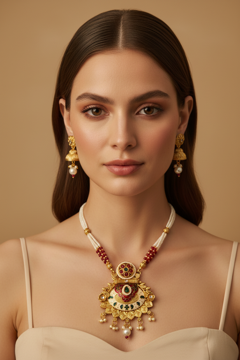 Royal Multi Colour Long Necklace With Matching Earrings