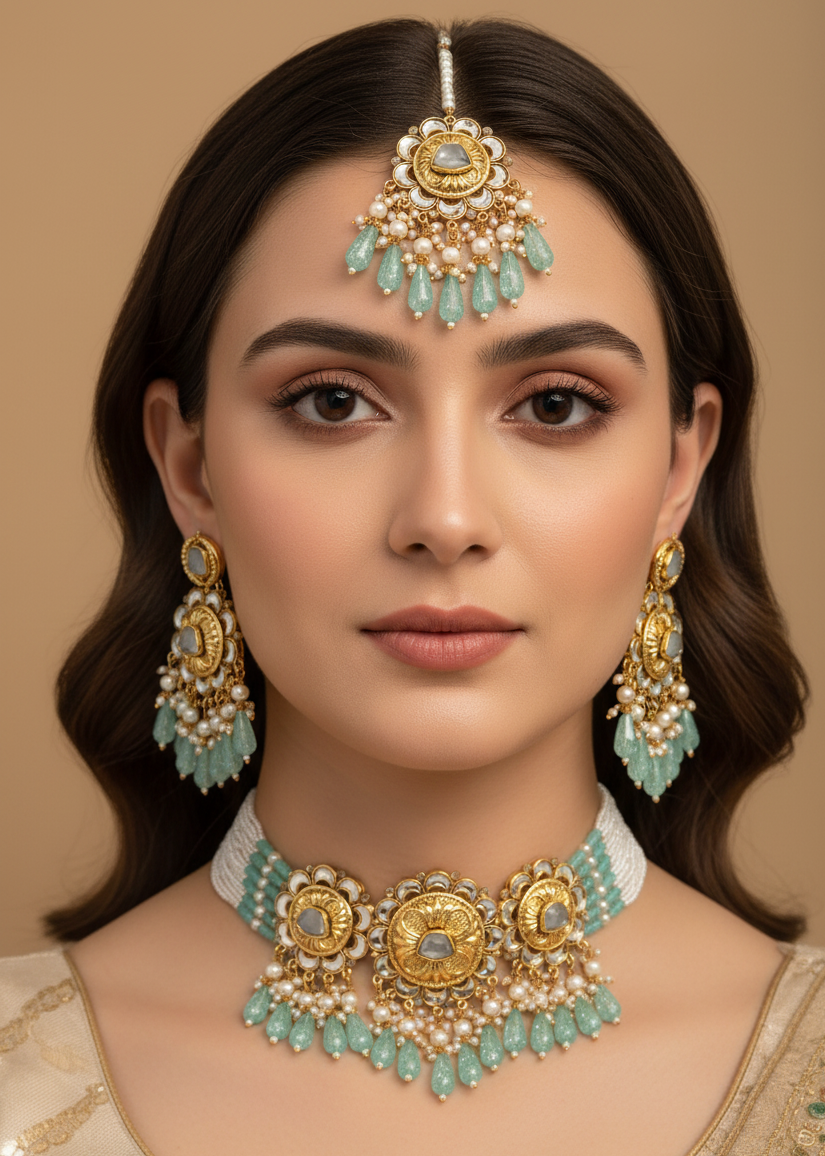 Royal Mint Green & Gold Kundan Choker Set | Includes Matching Earrings & Maang Tikka