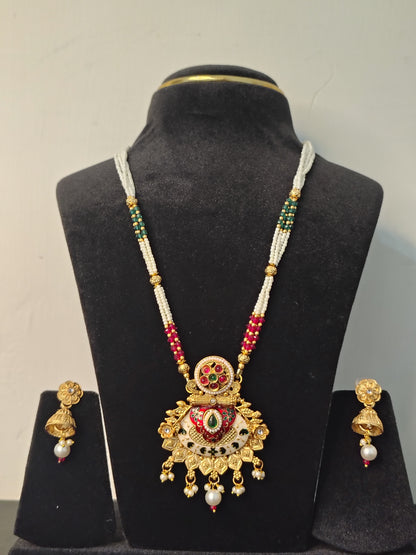 Royal Multi Colour Long Necklace With Matching Earrings