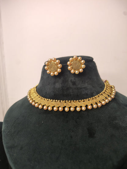 Gold Imitation Detailed Necklace with Earrings