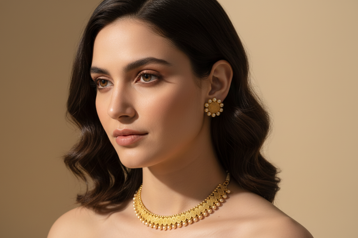 Gold Imitation Detailed Necklace with Earrings