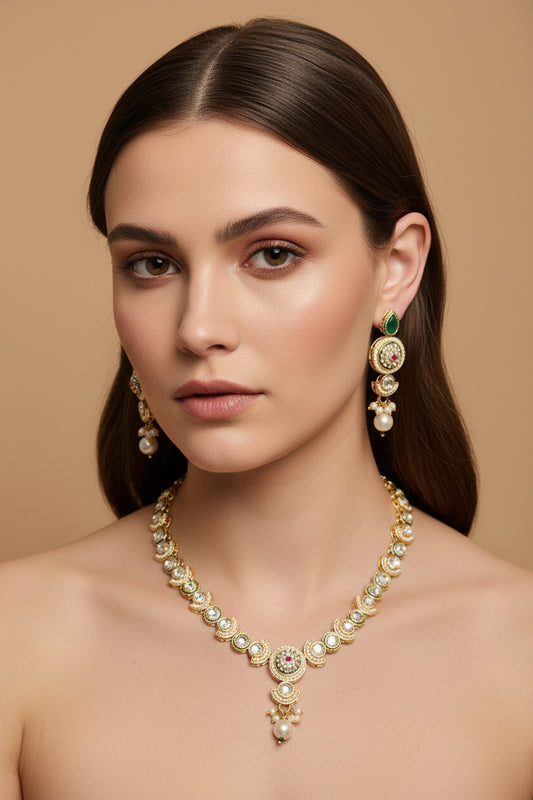 Meera Kundan Green & Golden Emerald Drop Choker With Earrings Set