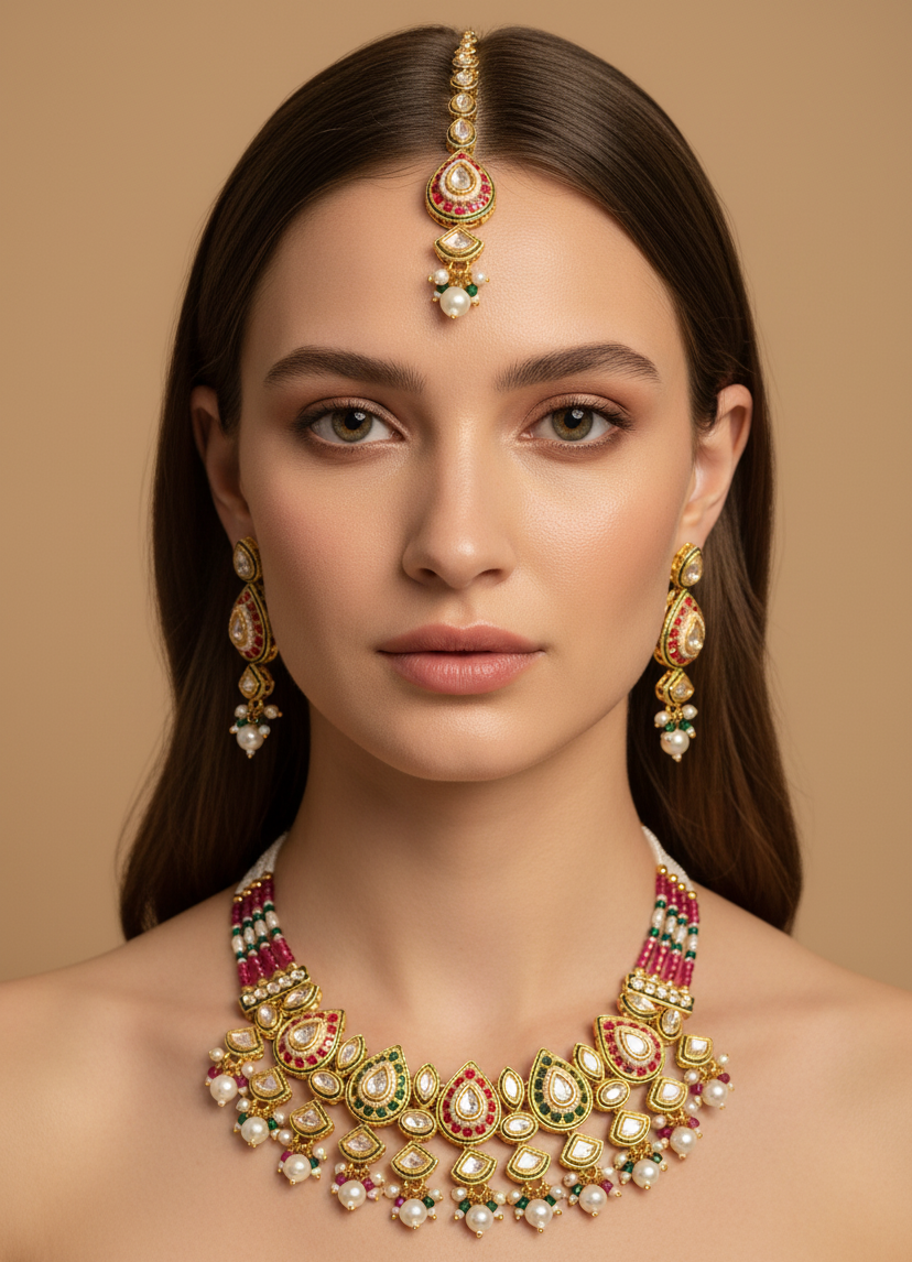 Royal Necklace Multi Colour Matching Maang Tikka and Earrings