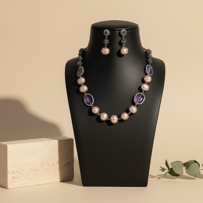 Multi Purple Shade Stone With Matching Earrings