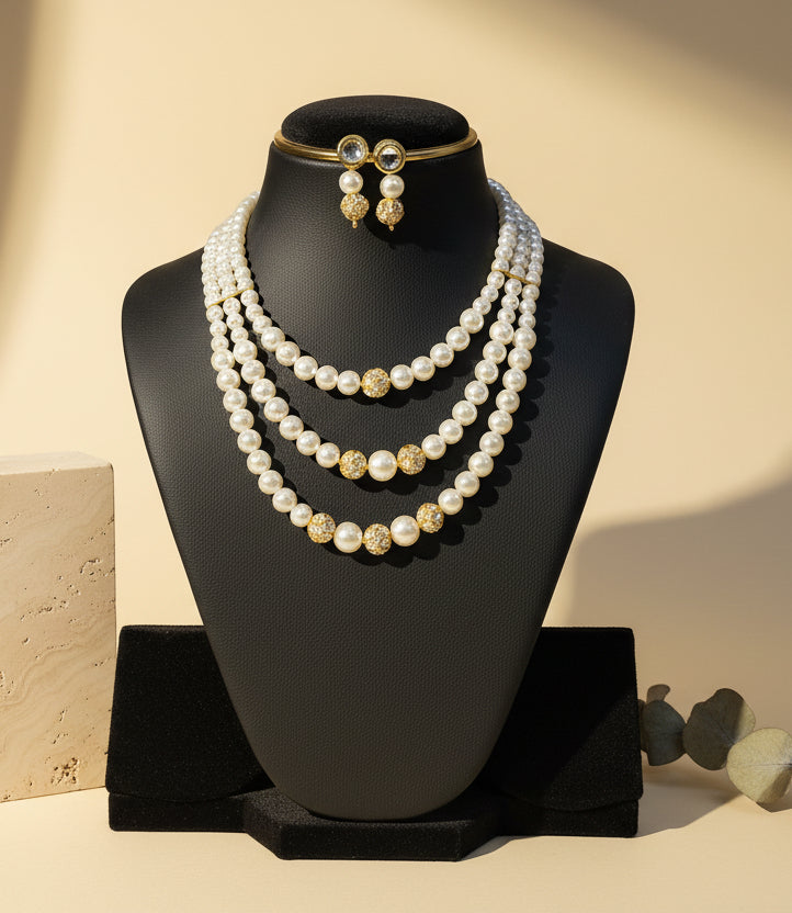 3 Layer Peral White & Golden with Earrings Necklace