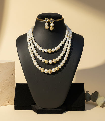 3 Layer Peral White & Golden with Earrings Necklace