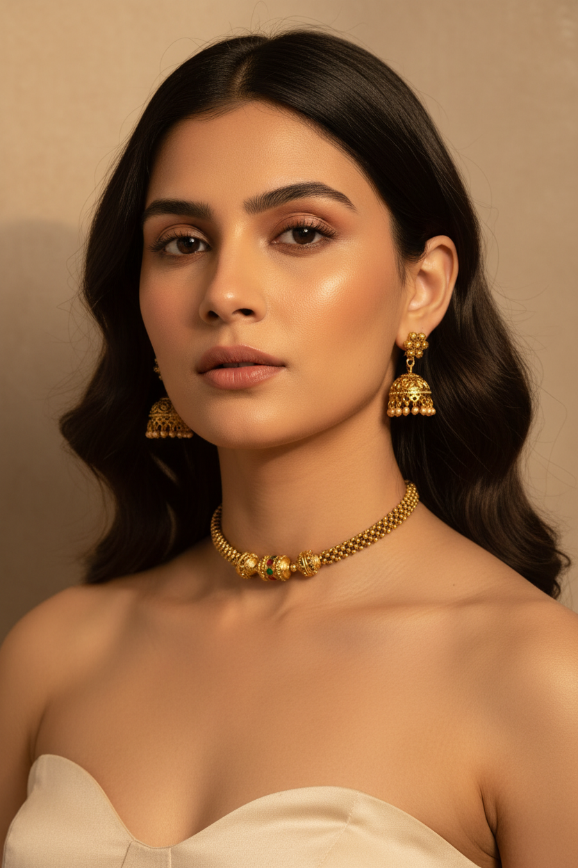 Dainty Gold-Plated Bead Choker & Jhumka Set & Earrings