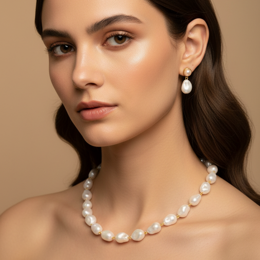 White stone Pearl Necklace With Matching Korean Earrings