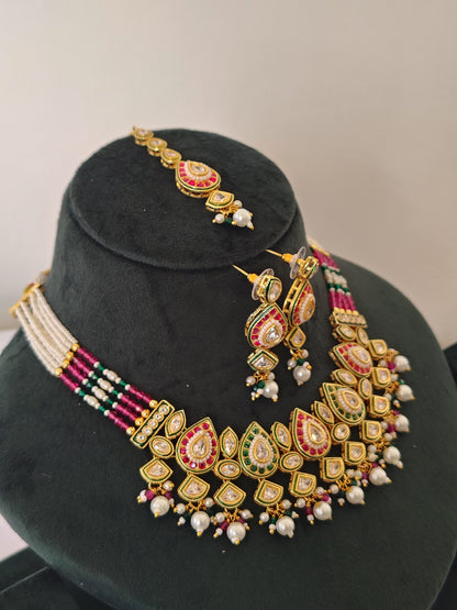 Royal Necklace Multi Colour Matching Maang Tikka and Earrings