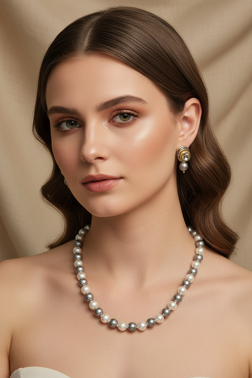 Grey And White Beads Necklace With Metal Earrings