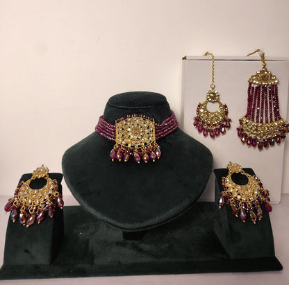 Royal Maroon Choker with earrings Magg Tikka & Passa