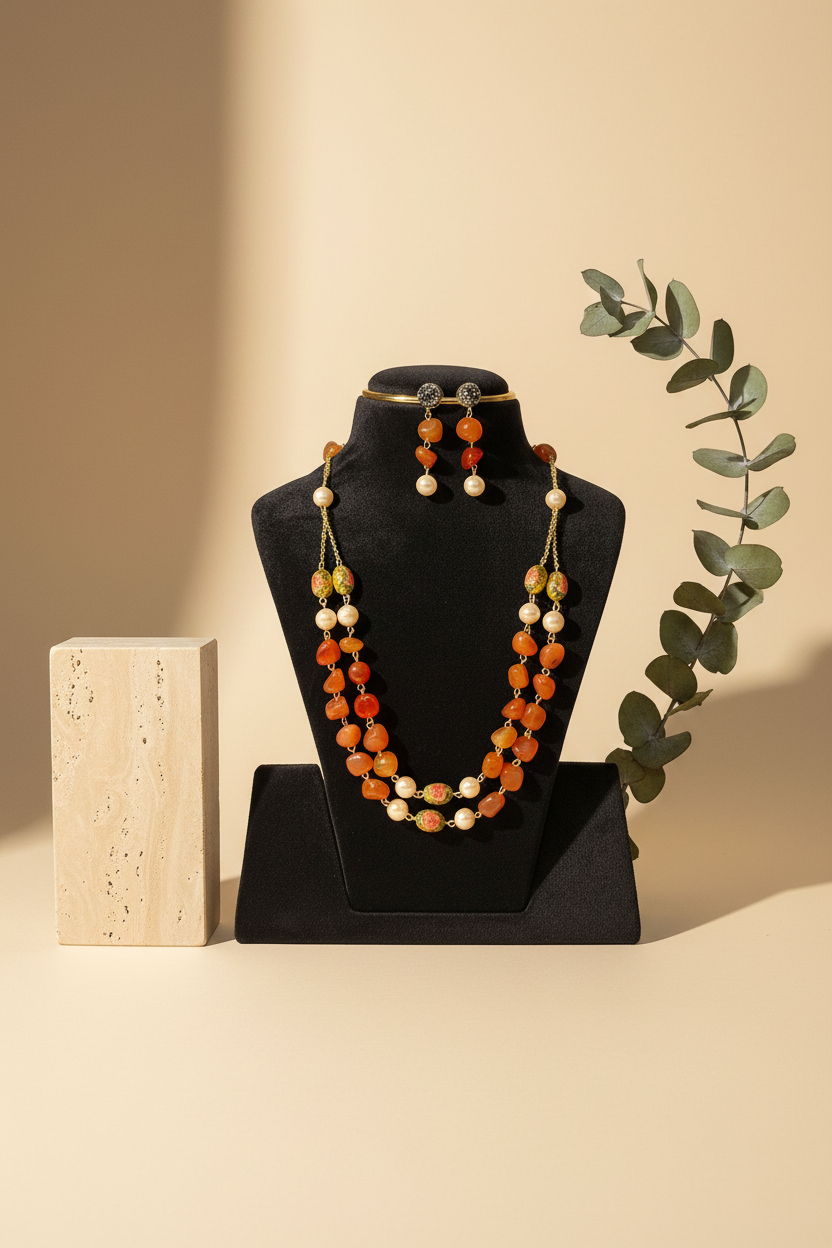 Orange Colour Beads Double layer Necklace With Matching Earrings