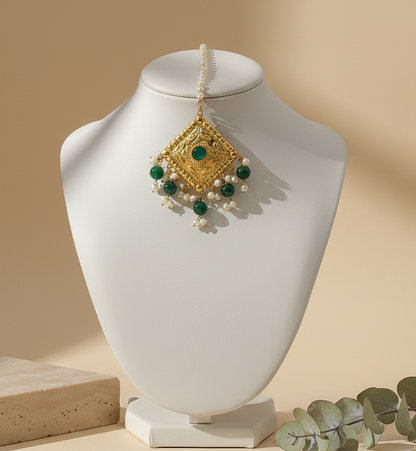Royal Emerald & Gold Filigree Choker Set with Matching Maang Tikka and Earrings