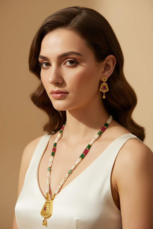 Golden Pendant Long Necklace Set