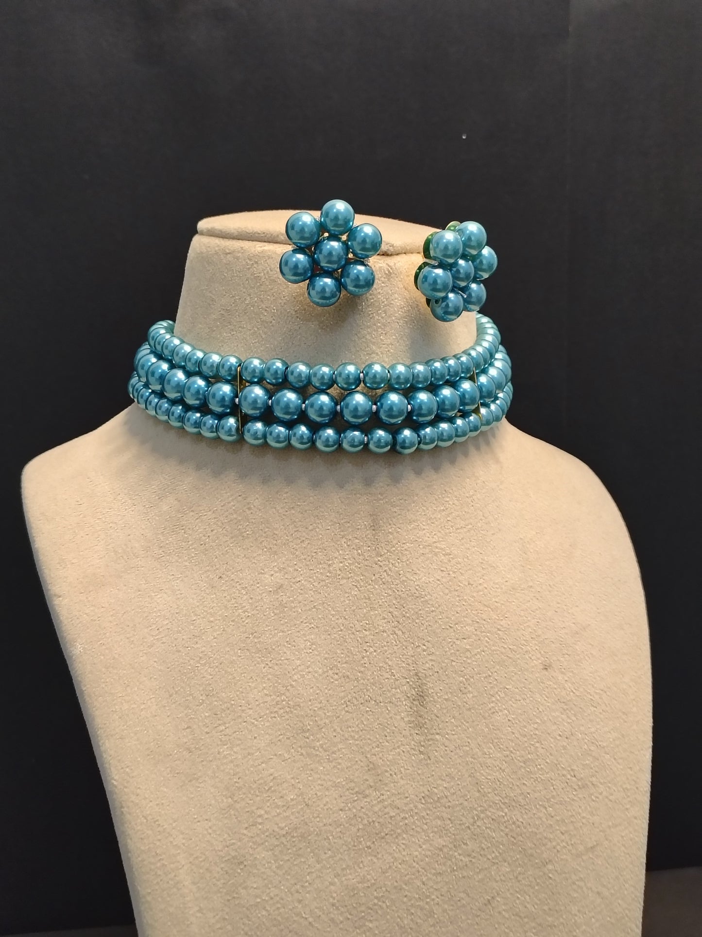 Bright Blue Pearl 3 Layer With Earrings Choker Set