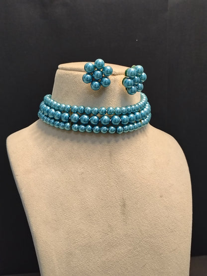 Bright Blue Pearl 3 Layer With Earrings Choker Set