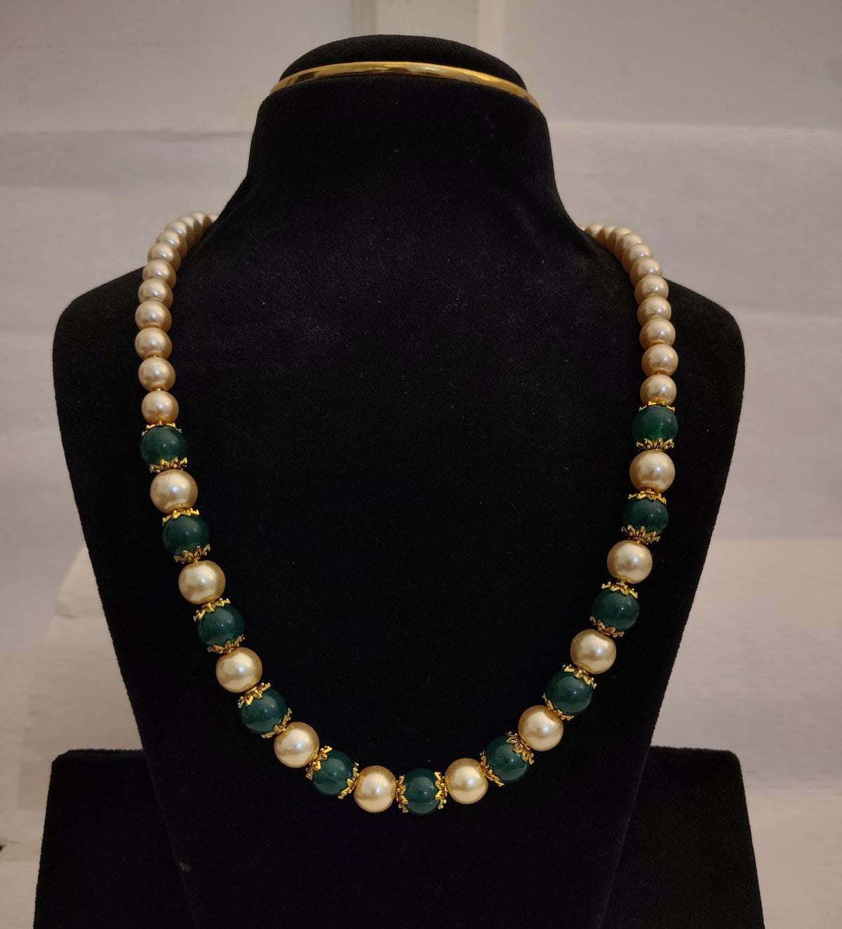 Emerald Beads & Pearl Necklace With Gold Spacers