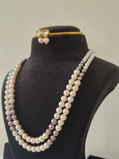 Grey Pink White Pearl Double Layer Necklace With Golden Metal Earrings