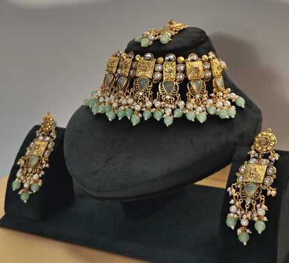 Royal Mint Green & Gold Temple Choker Set Matching Maang Tikka & Earrings