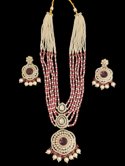 Royal White & Pink Long Necklace With Matching Earrings