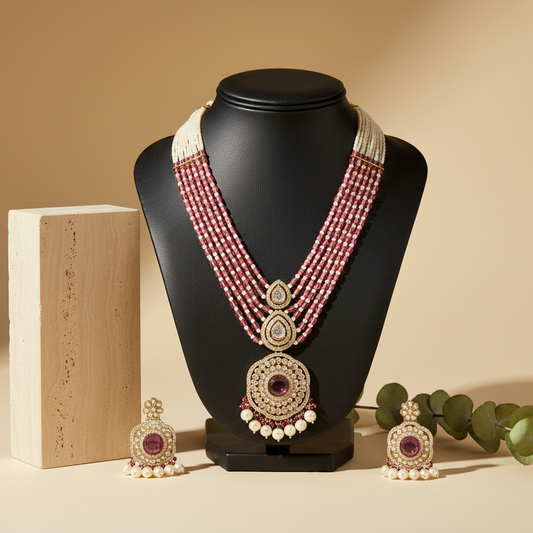 Royal White & Pink Long Necklace With Matching Earrings