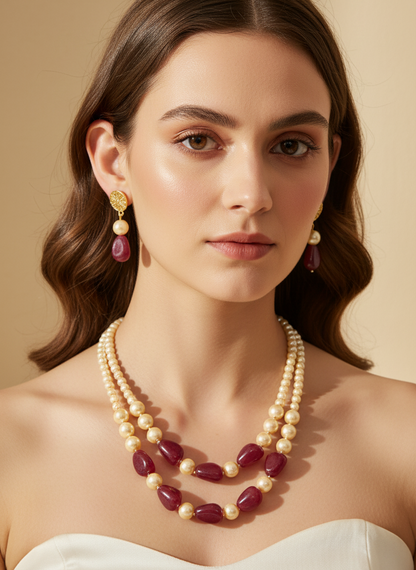 Maroon Stone & Golden Shade Pearl Necklace With Earrings