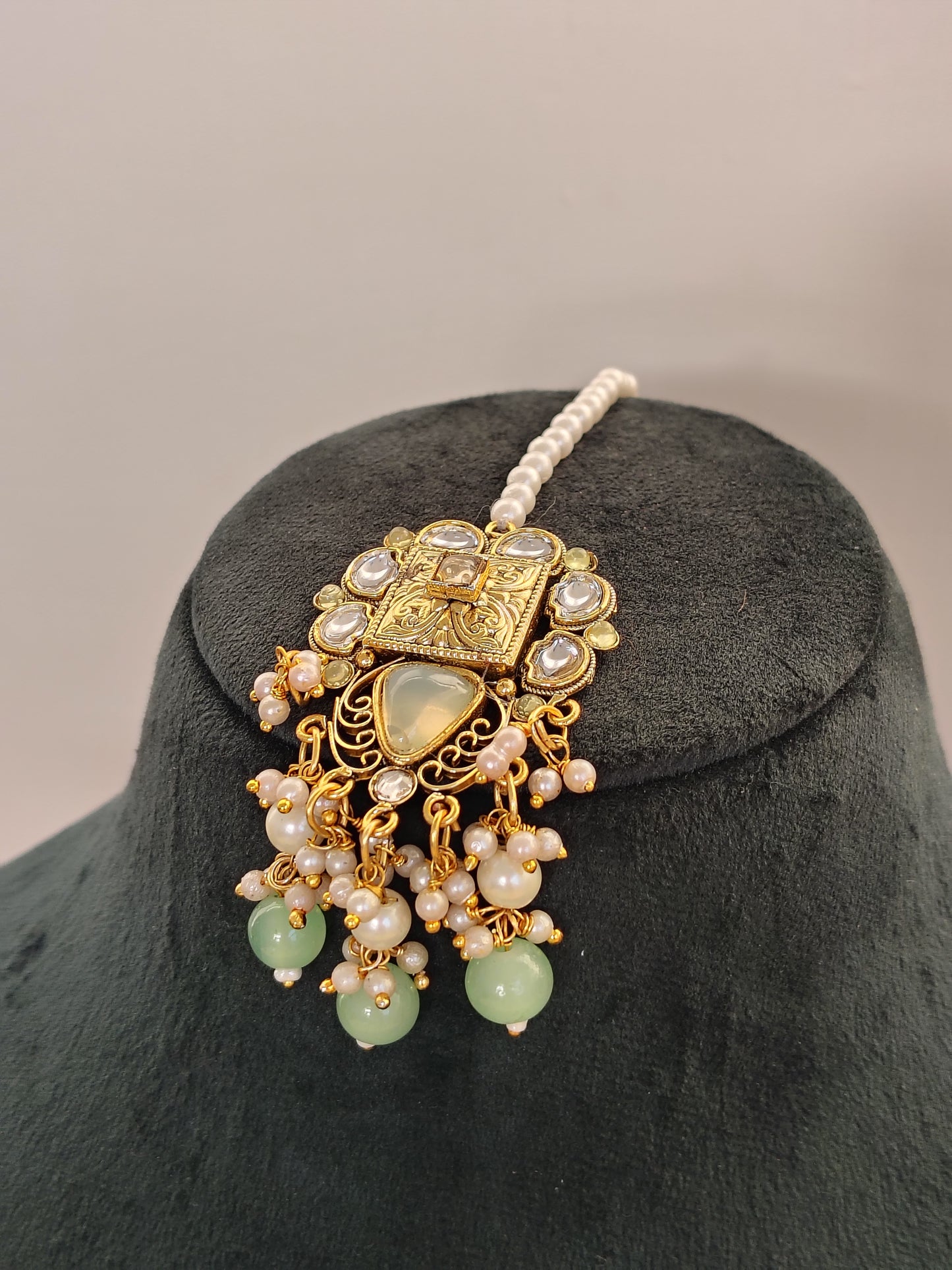 Royal Mint Green & Gold Temple Choker Set Matching Maang Tikka & Earrings