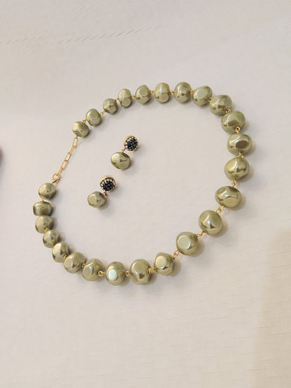 Olive Champagne Premium Heavy Pearl Necklace with Earrings