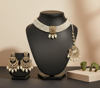 Royal Multi Strand Pearl Chocker with Earrings and Mang Tikka