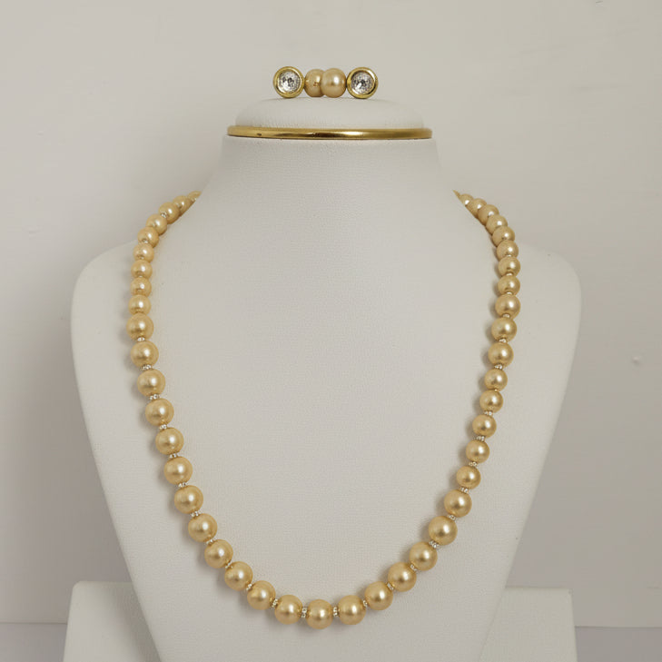 Golden Shade Pearl Necklace Set With Golden Metal Earrings
