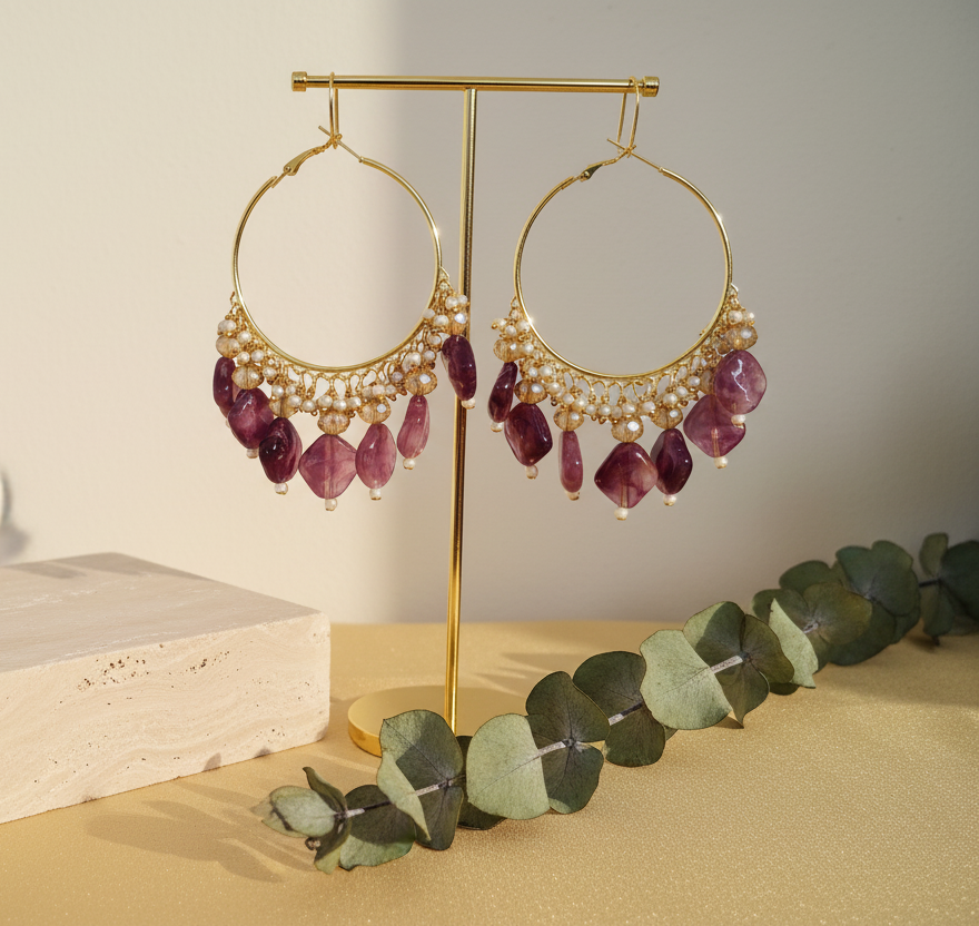 Golden Metal Hoop With Dark Rose Stone Look DB00391